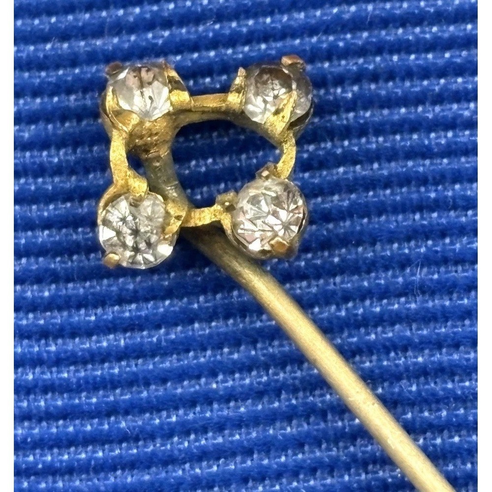 Vintage Art Deco Gold Tone Stick Pin Four Paste Rhinestone Top